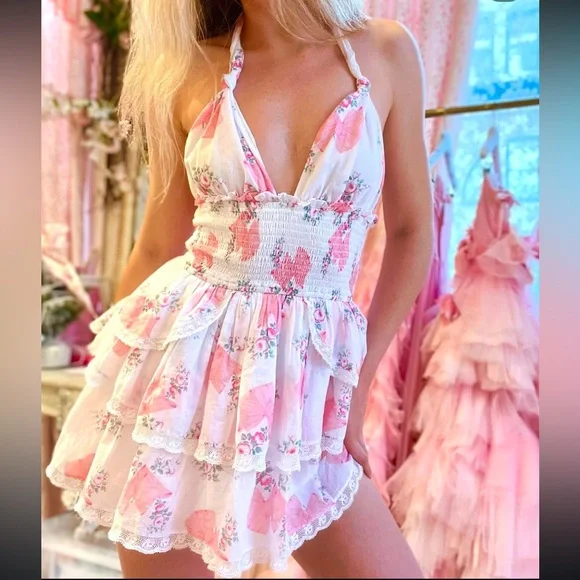 slim fit dress slacks Quintelle Halter Mini Dress in Blooming Medley